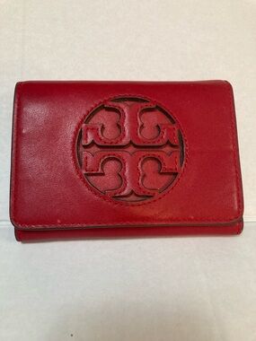 Tory Burch Red Leather Compact Wallet with Cutout Logo